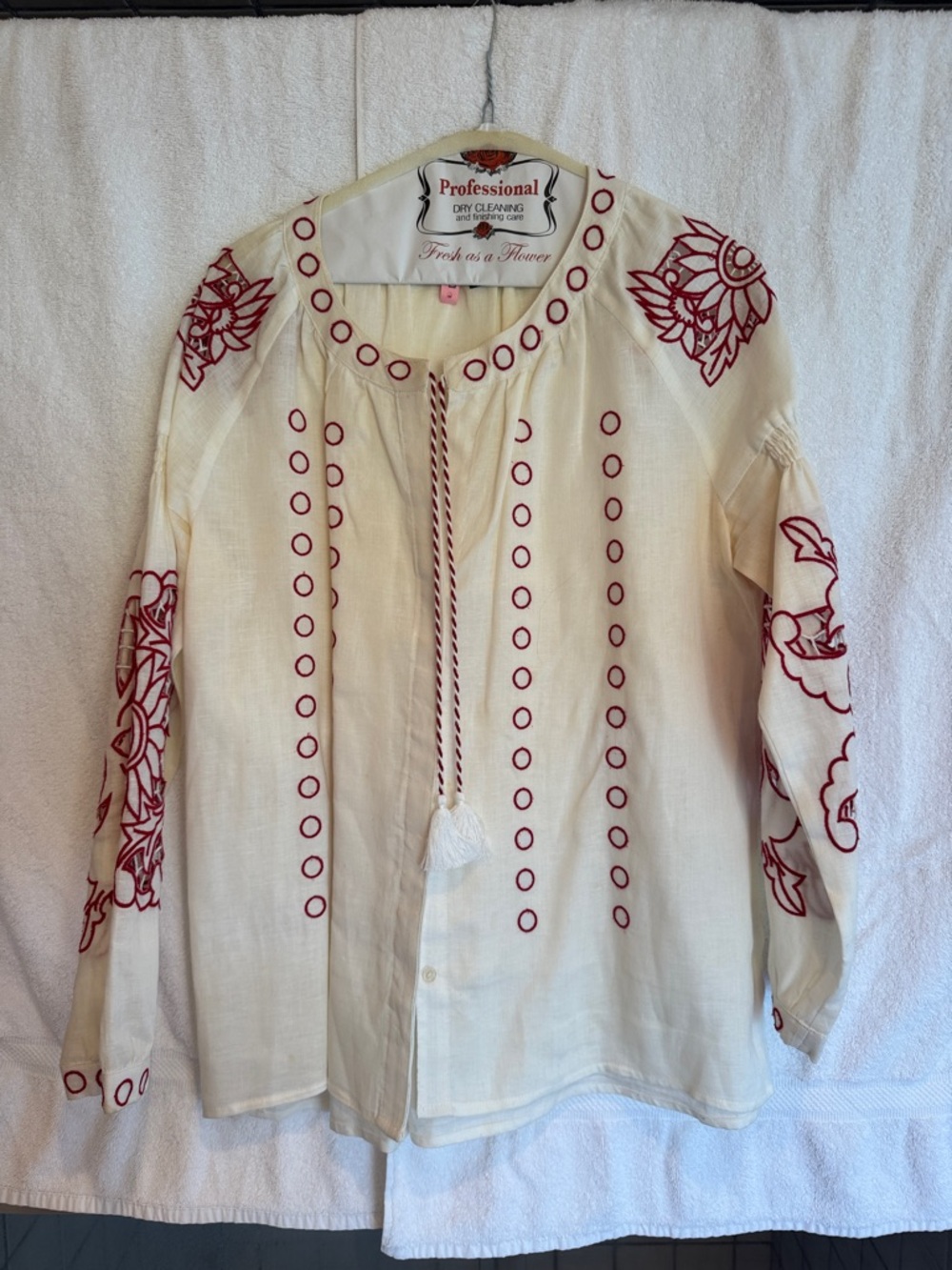 Embroidered Cream Boho Tunic with Red Accents